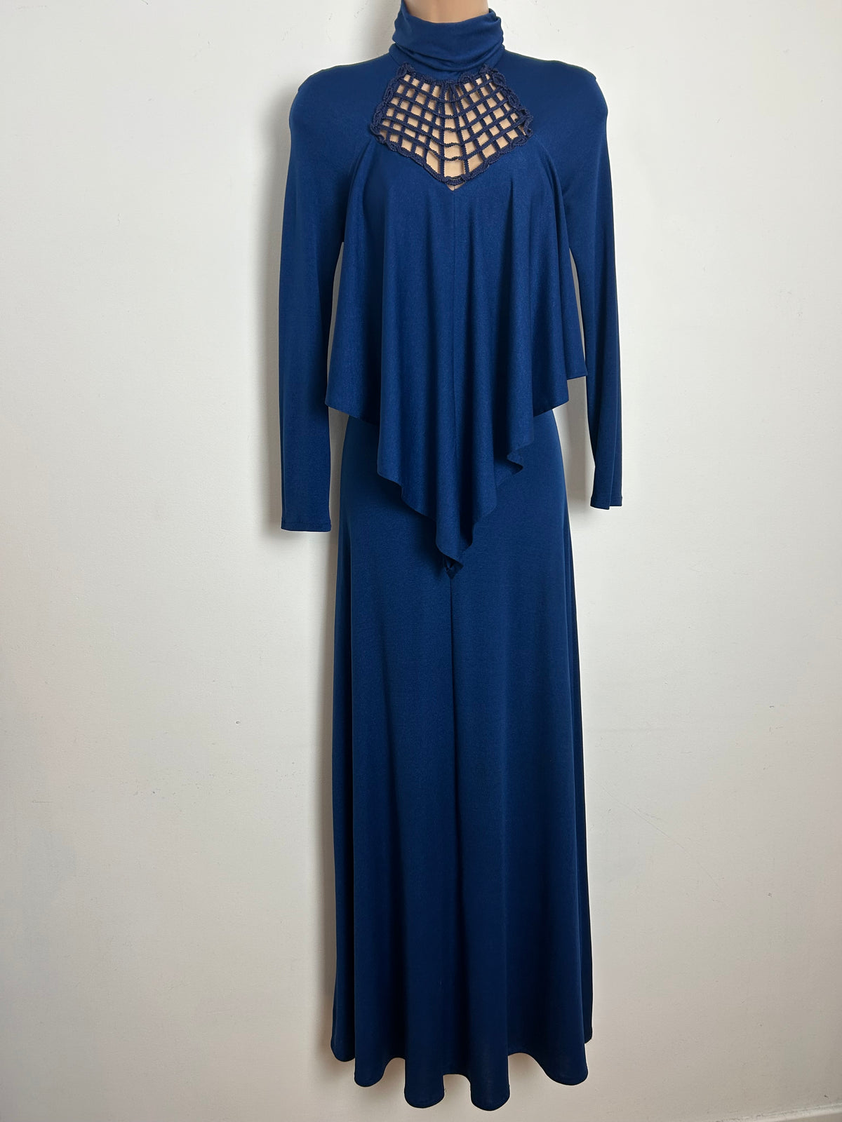 Vintage 1970s SHELANA Size 10 Navy Blue Lattice Neck Layered Long Sleeve Maxi Dress