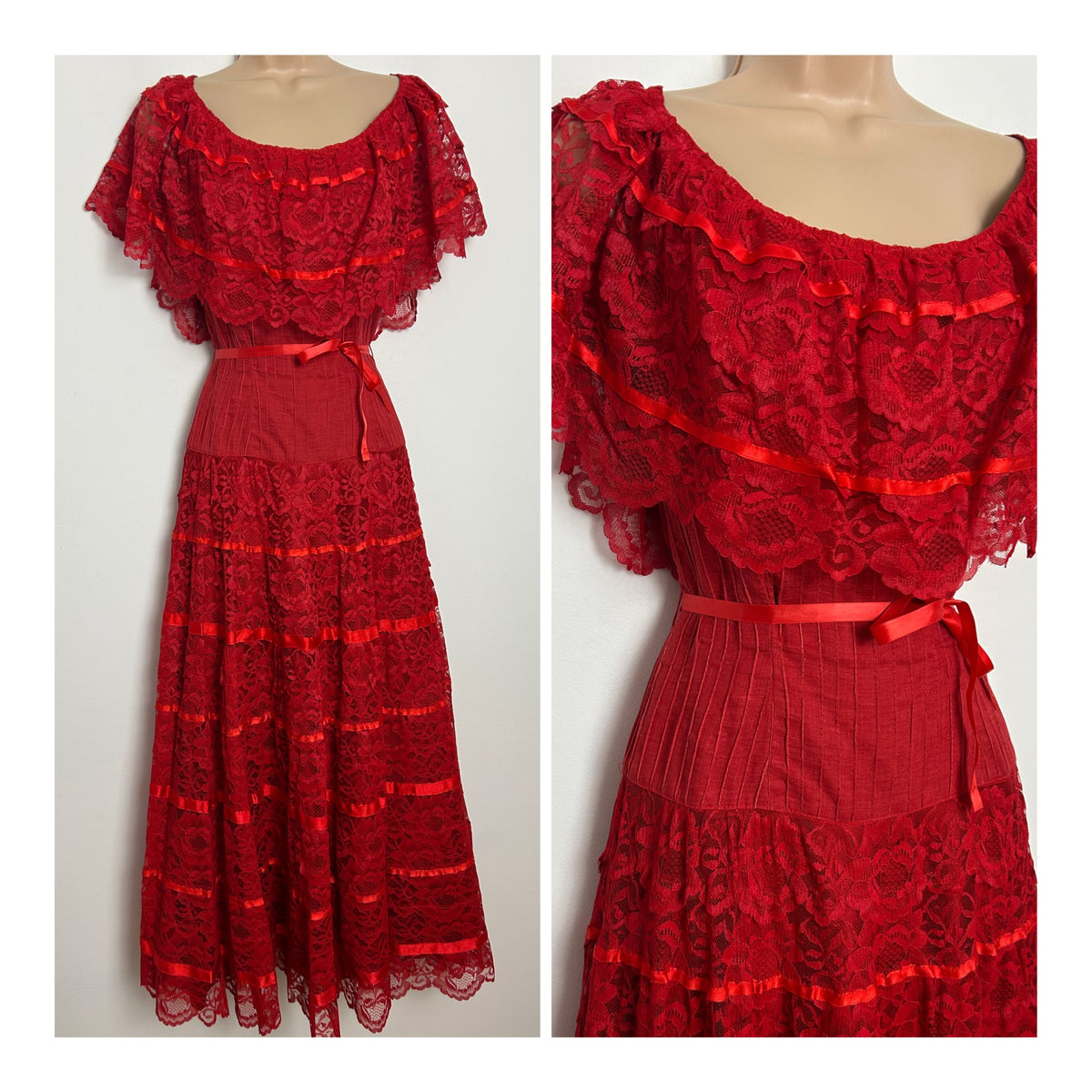 Vintage 1970s ROSA MEXICANO Size 10 Beautiul Red Cotton Pintuck & Lace Detail Mexican Maxi Dress