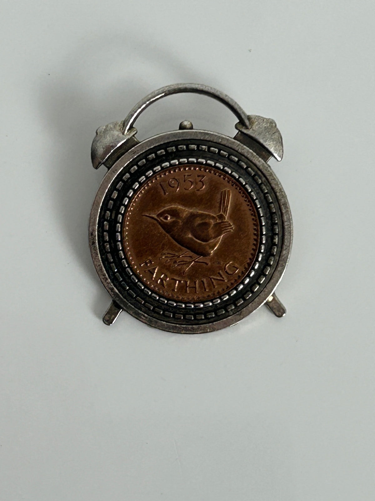 Vintage 1950s RARE Silver Tone 1953 Farthing Coin Set Clock Pin Brooch