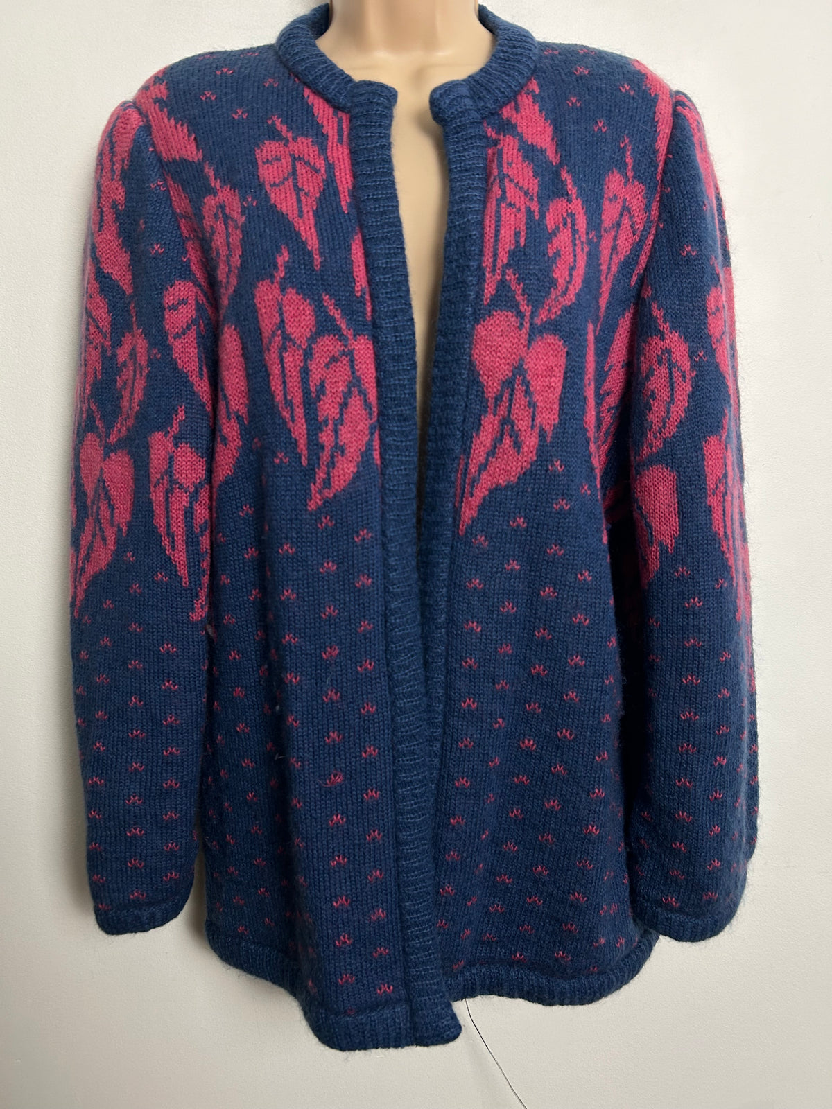 Vintage 1980s ESCADA Up To Size 16 KID MOHAIR Blue & Pink Leaf Print Open Fronted Long Sleeve Cardigan