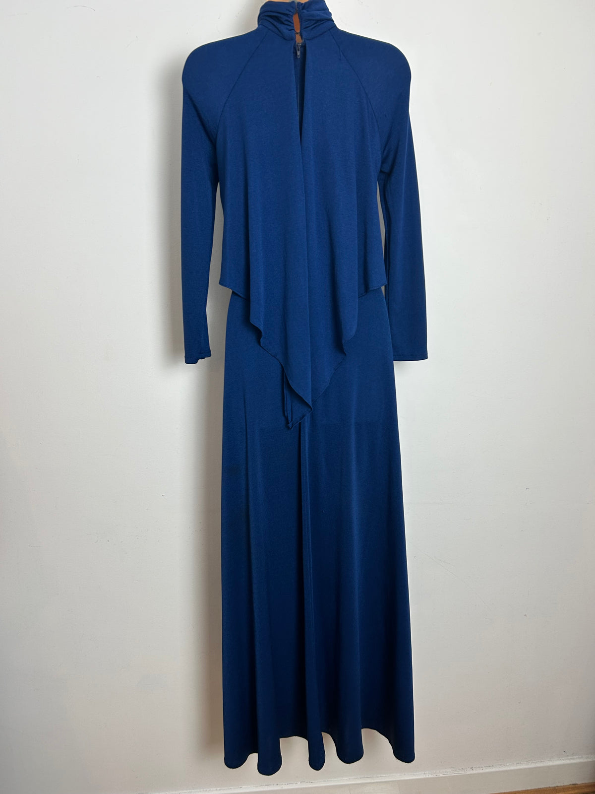 Vintage 1970s SHELANA Size 10 Navy Blue Lattice Neck Layered Long Sleeve Maxi Dress