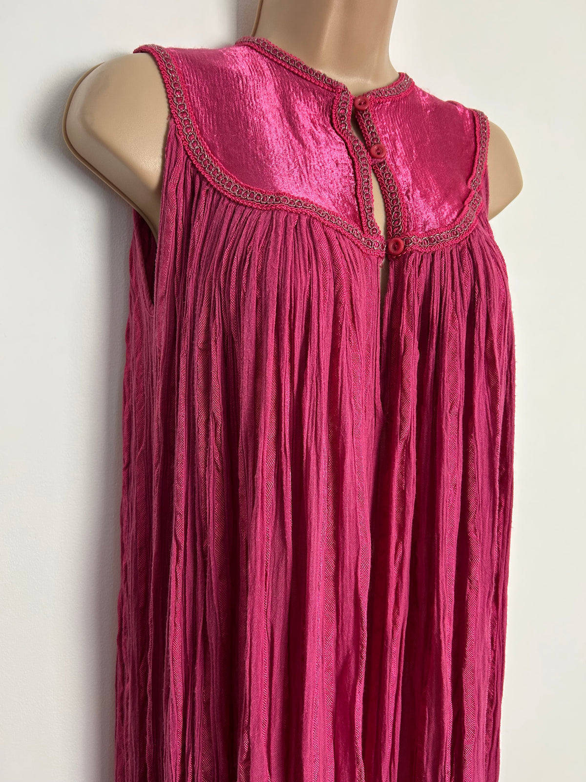 Vintage Early 1980s C&A UK Size 10 Pink Cotton Mix Cheesecloth Satin Panelled Boho Trapeze Style Midi Dress