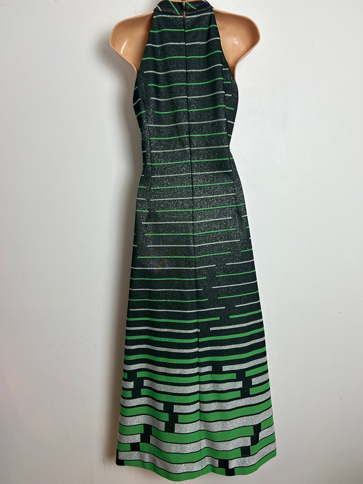 Vintage 1970s LEROSE Size 12 Black Silver & Green Stripe Keyhole Lurex Sleeveless Occasion Maxi Dress
