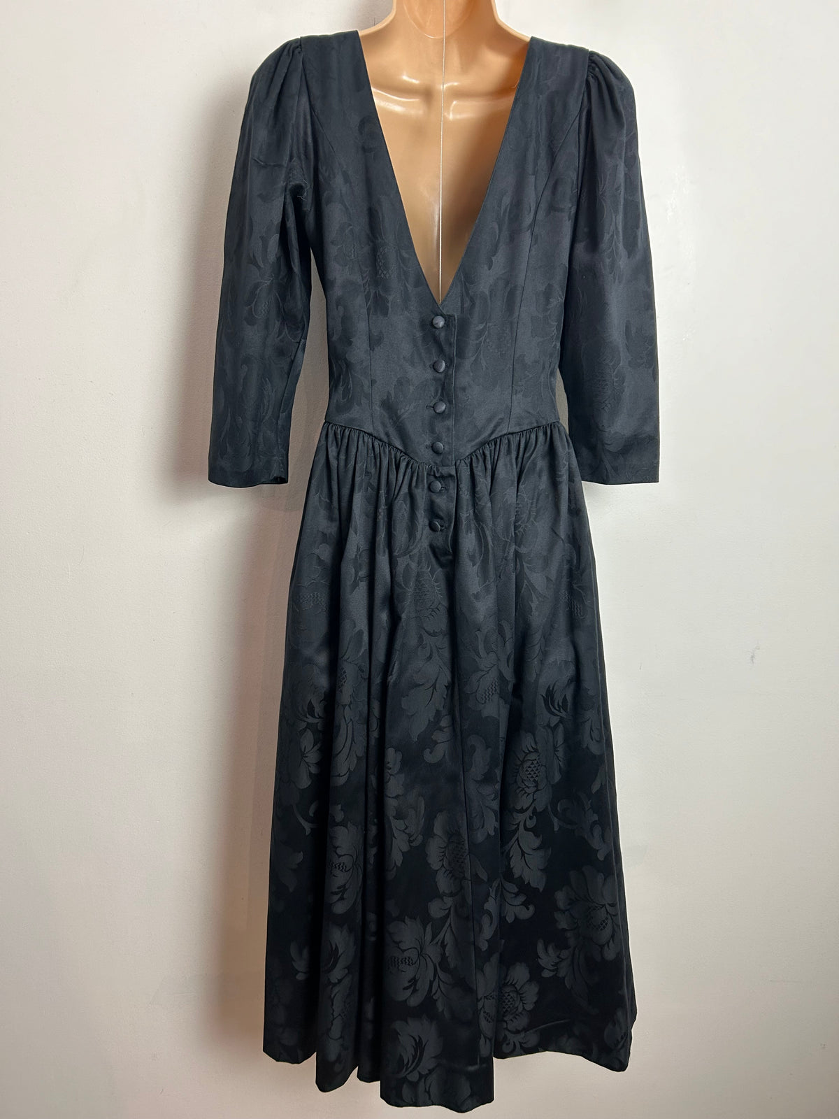 Vintage 80s LAURA ASHLEY UK 10 (Size 14 On Label) Black Embossed Damask Pleated Midi Dress