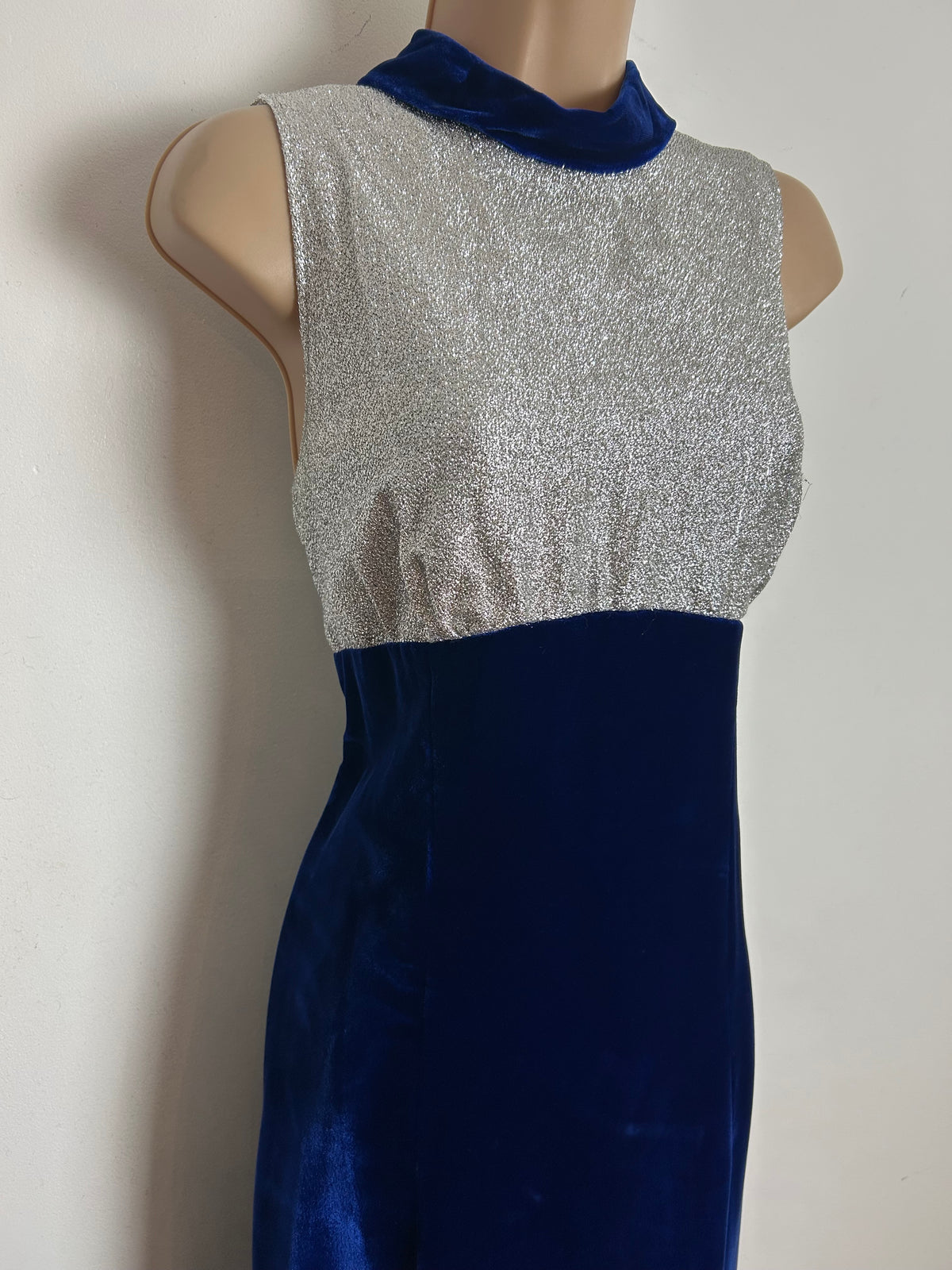 Vintage 1960s MURIEL SPENCER Size 10 Midnight Blue & Silver Lurex Occasion Evening Maxi Dress