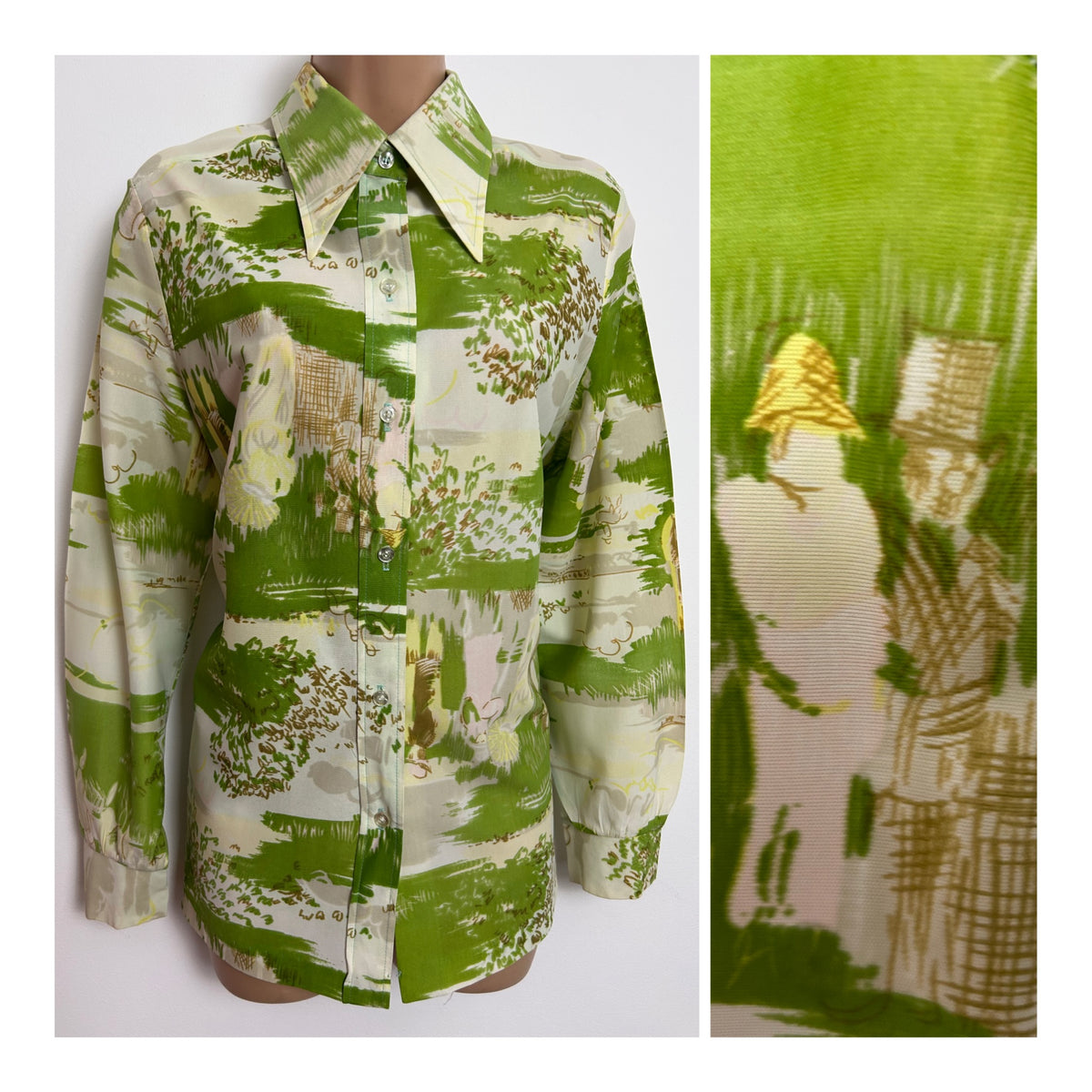 Vintage 1970s Size 14-16 Green & Cream Abstract Figurines Novelty Print Long Sleeve Dagger Collar Shirt