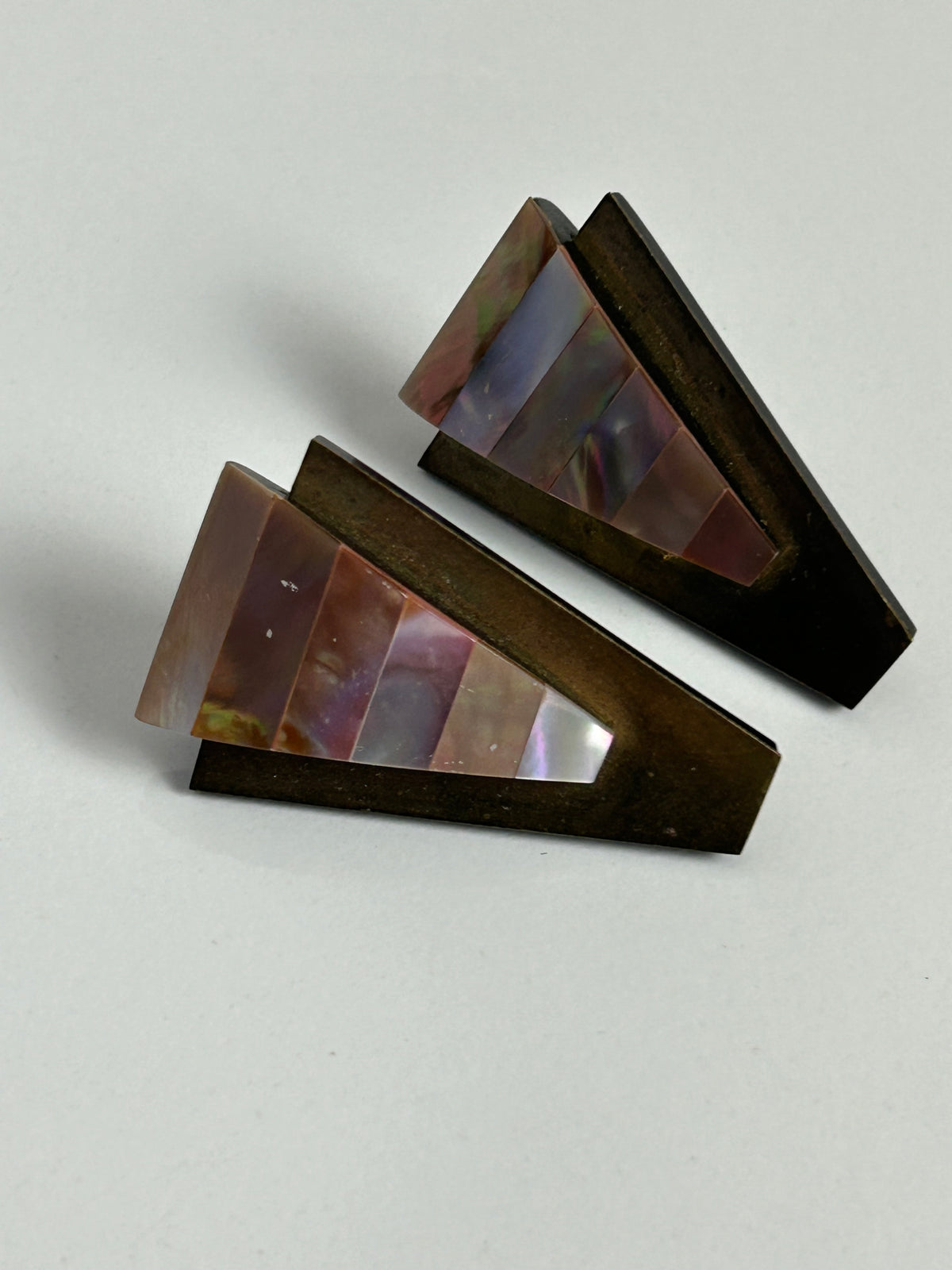 Vintage 1980s Brass Plastic & Mother Of Pearl Art Deco Style Clip On Earrings