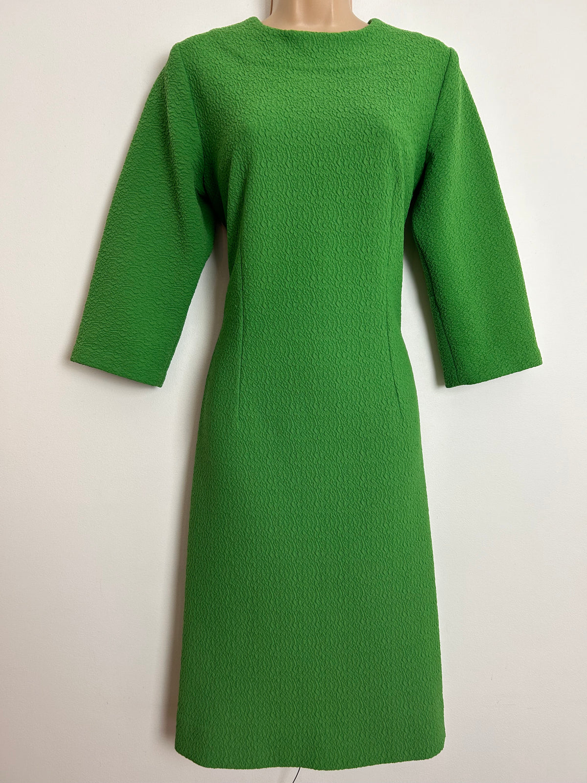 Vintage 1960s UK Size 10-12 Green Crimplene Polyester 3/4 Sleeve Mod Shift Dress