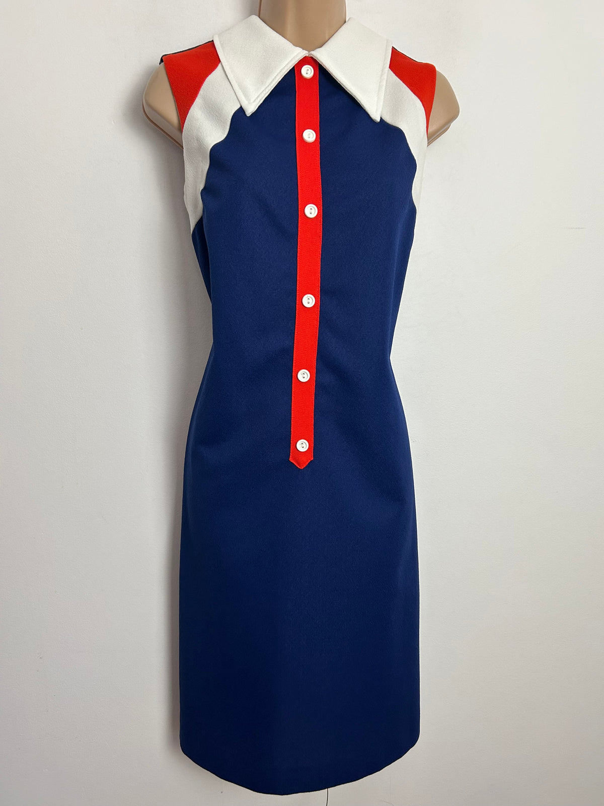 Vintage 1960s Size 12 Navy Blue White & Red Sleeveless Mod Scooter Shift Dress