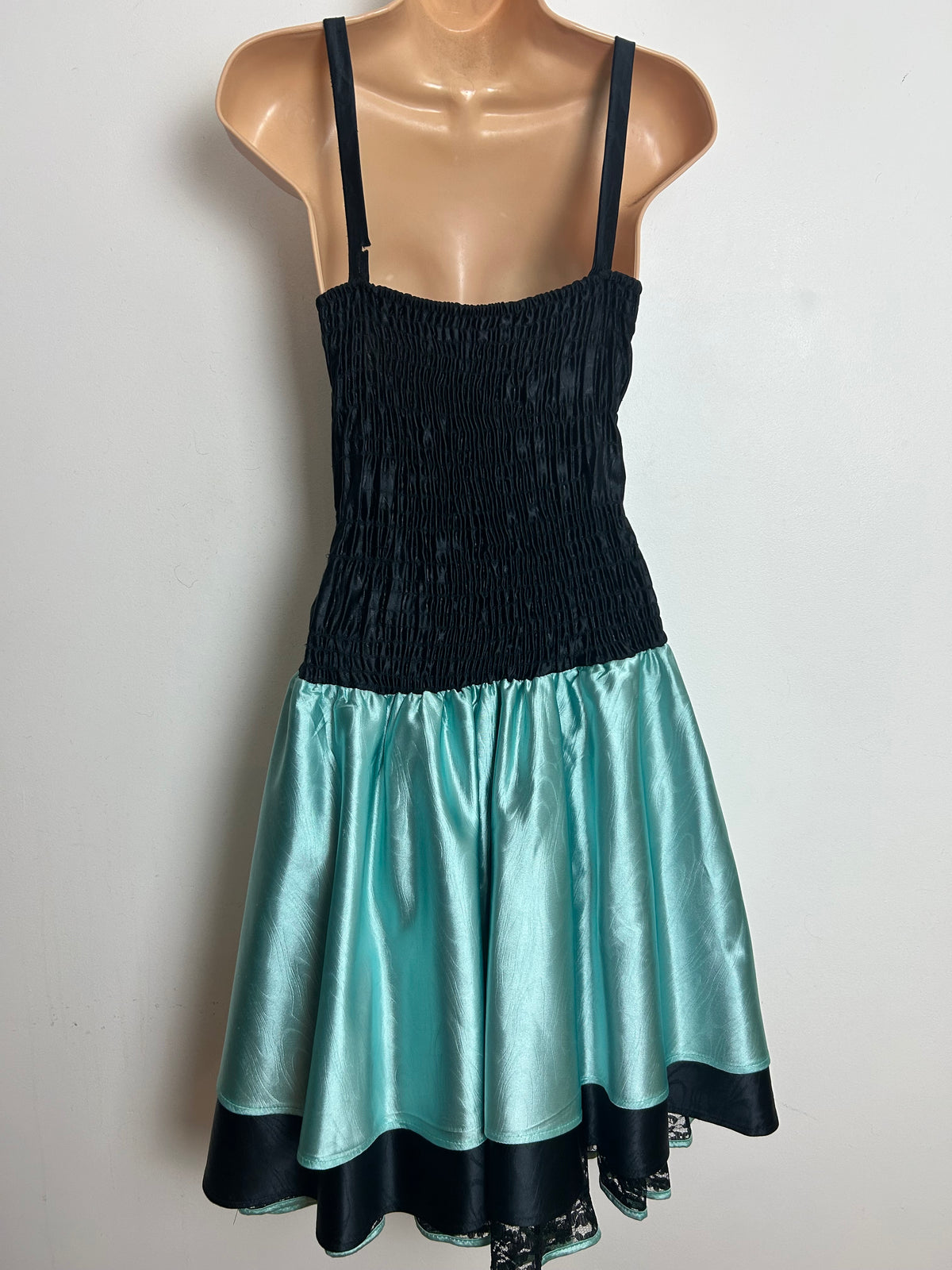 Vintage 1980s C&A Size 8-10 Black & Pale Blue Lace Bow Detail Party Prom Evening Dress