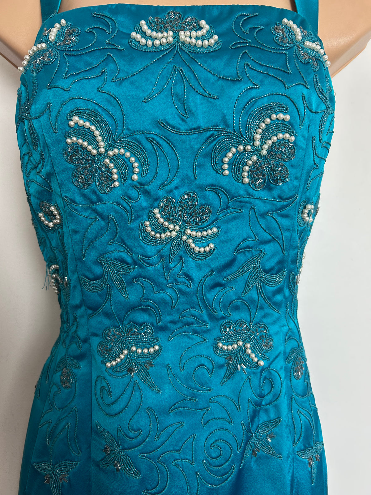 Vintage 1950s RICCI MICHAELS Size 10 Dark Turquoise Embroidered & Peal Bead Embellished Occasion Dress