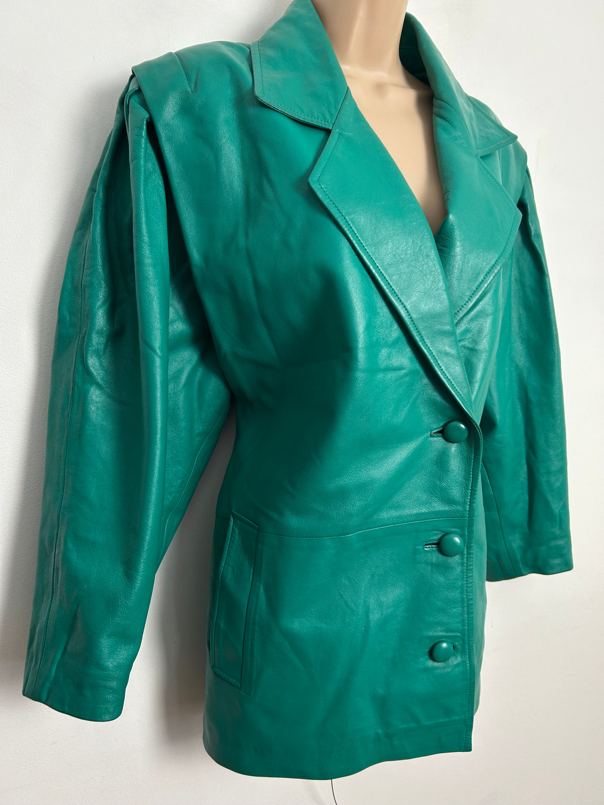 Vintage 1980s UK Size 14 Jade Green Oversized Leather Jacket/Coat