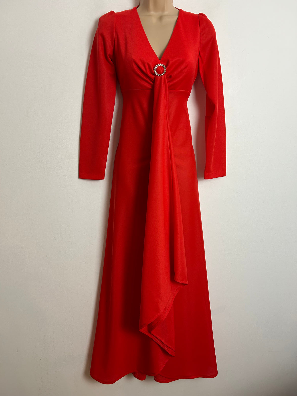 Vintage 1970s UK Size 8 Red Drape Front Long Sleeve Occasion Evening Maxi Dress