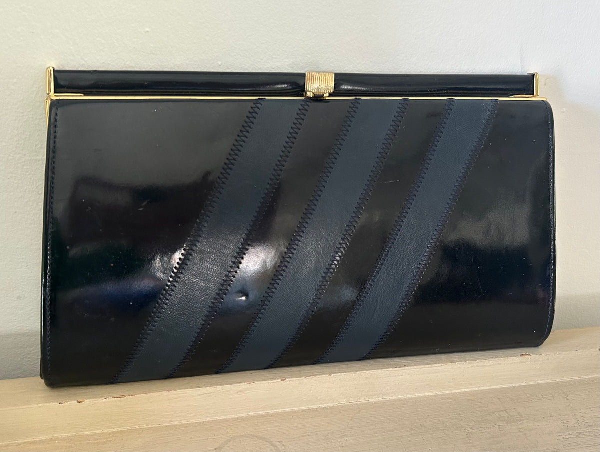 Vintage 1980s Black & Navy Blue Patent Stitch Stripe Panel Evening Clutch Bag