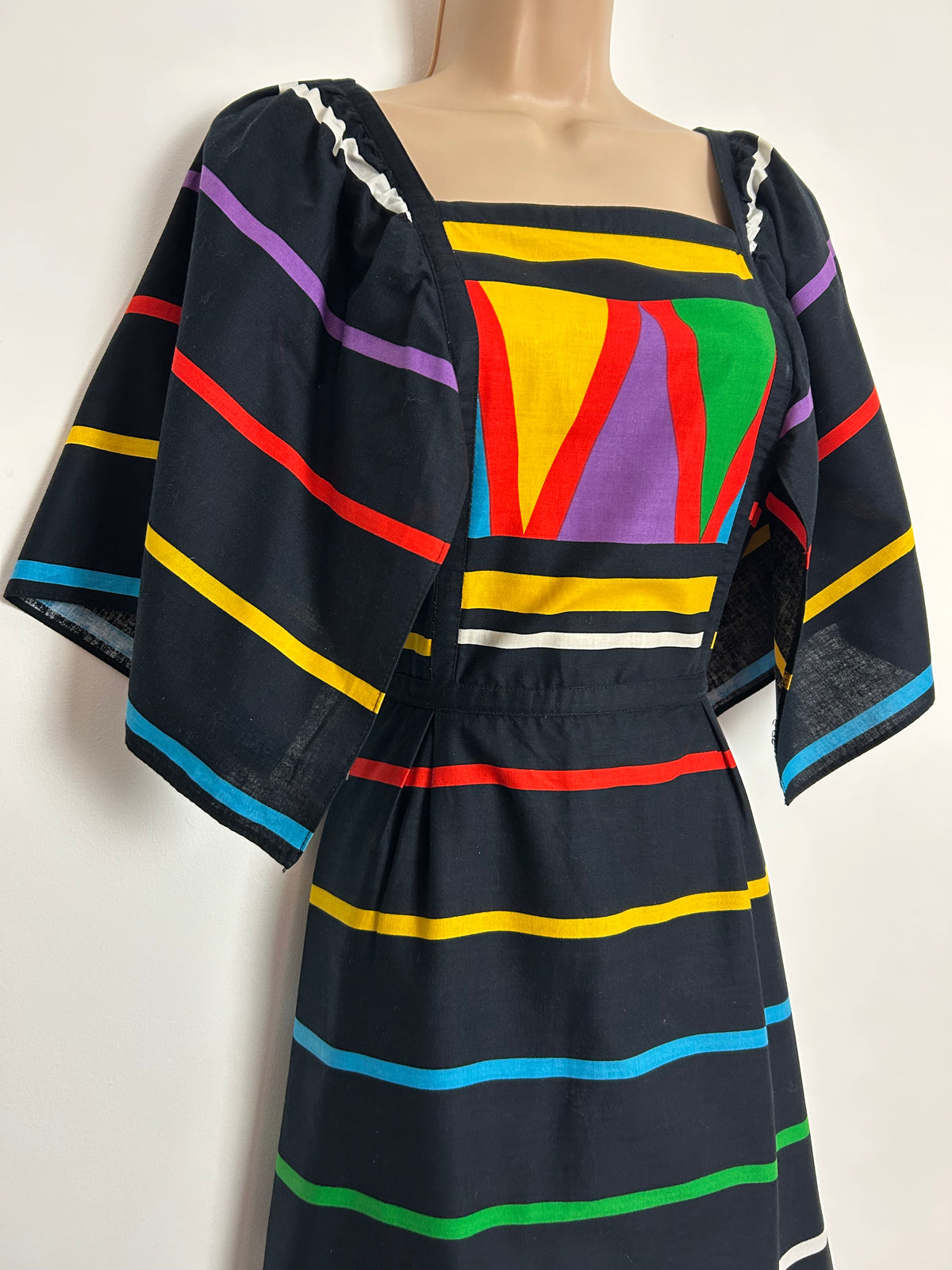 Vintage 1970s BETTY BARCLAY UK Size 8 Black Multicolour Stripe Print Hanky Sleeve Tie Back Cotton Maxi Dress