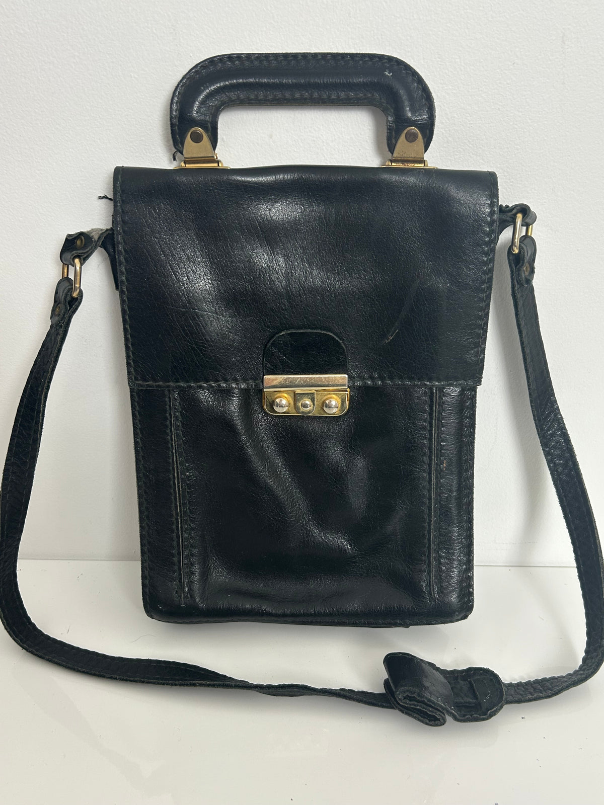 Vintage 1970s Black Leather Satchel Style Shoulder Bag