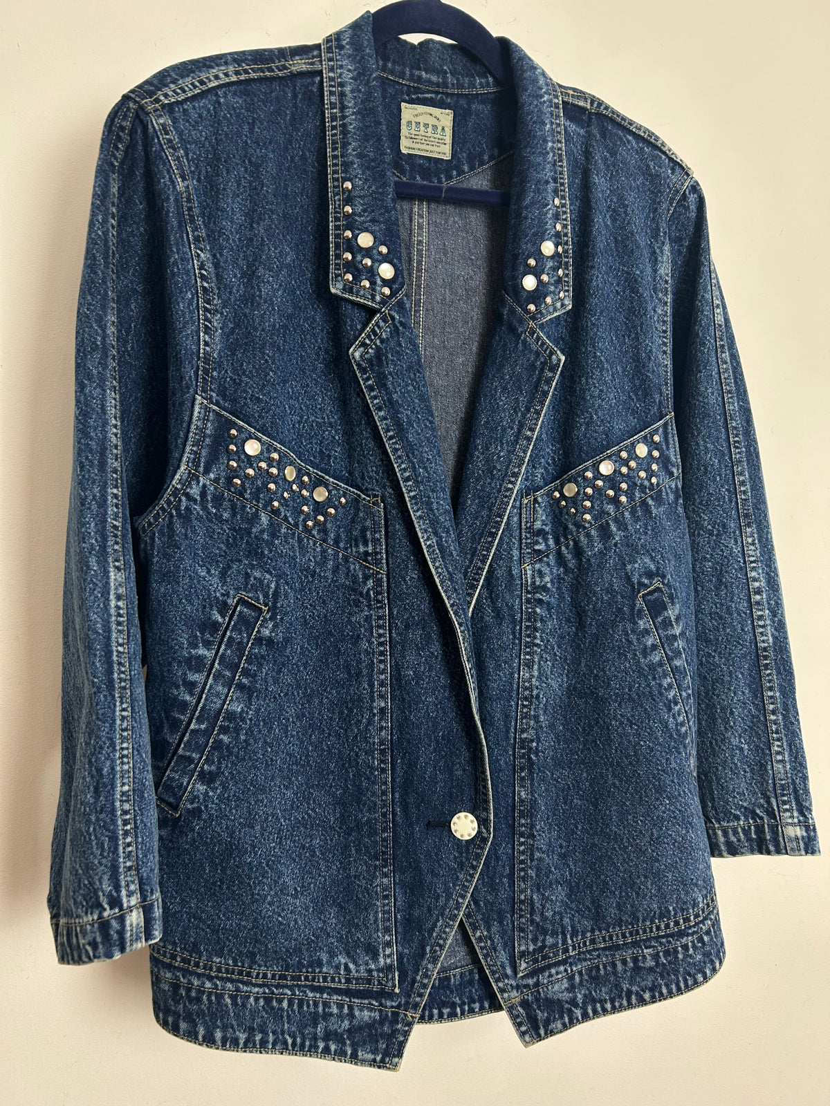 Vintage 1980s CETRA Size 12-14 Dark Blue Stud Detail Denim Jacket