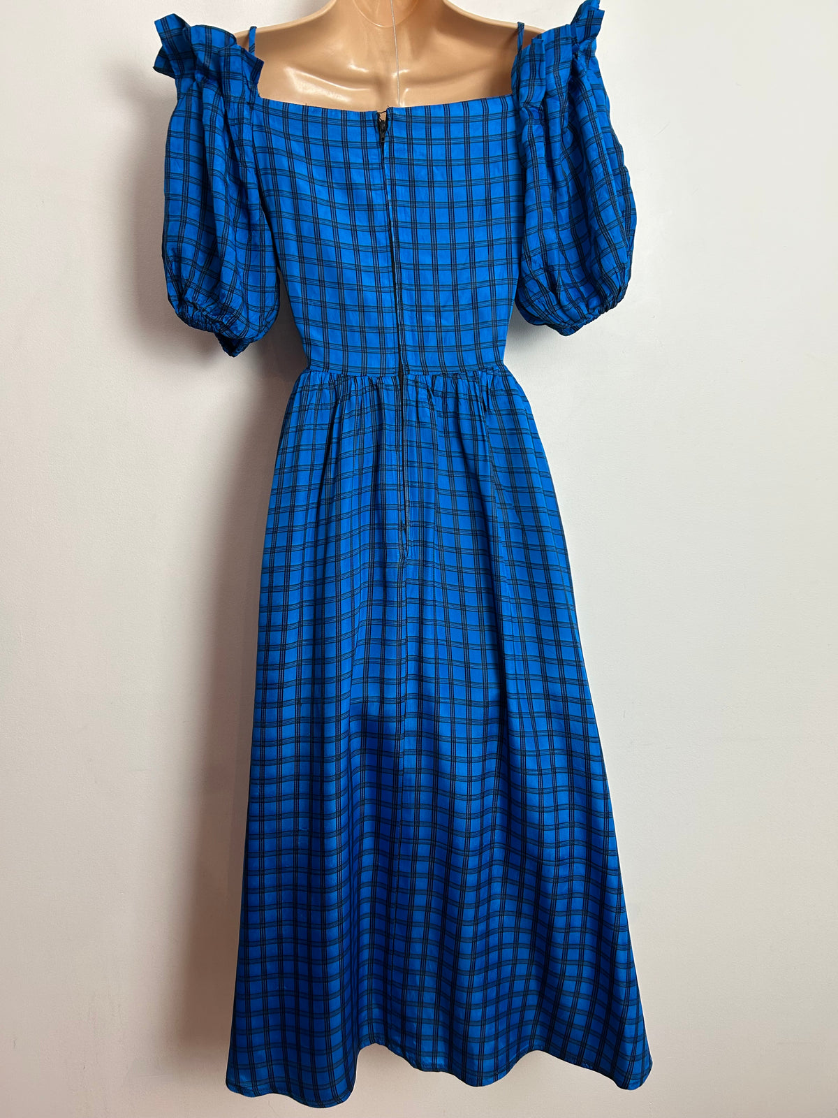 Vintage 1980s NICKI FERRARI UK Size 6 Blue & Black Check Print Pleated Shoulder Puff Sleeve Party Dress