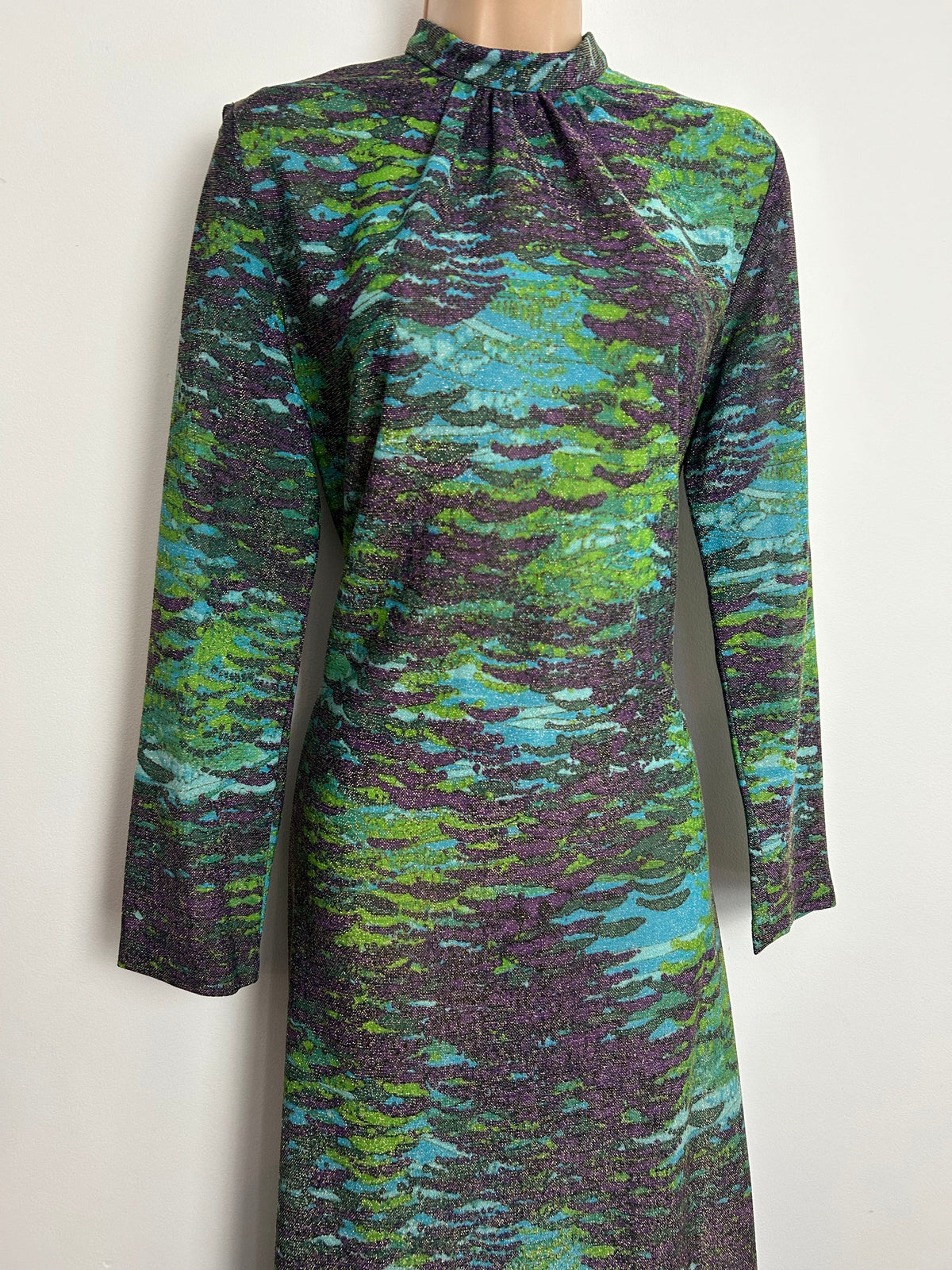 Vintage 1970s EASTEX Size 10-12 Green Purple & Turquoise Abstract Print Lurex Shimmery Occasion Maxi Dress