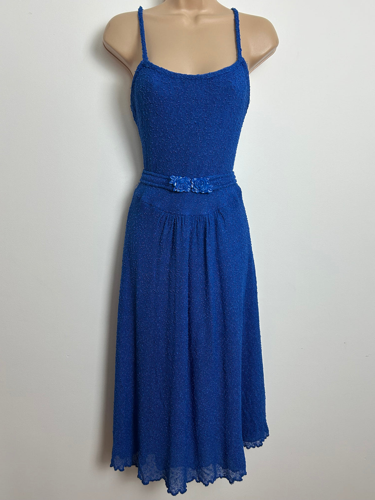 Vintage Late 1970s Size 10-12 Royal Blue Flower Buckle Strappy Summer Day Dress
