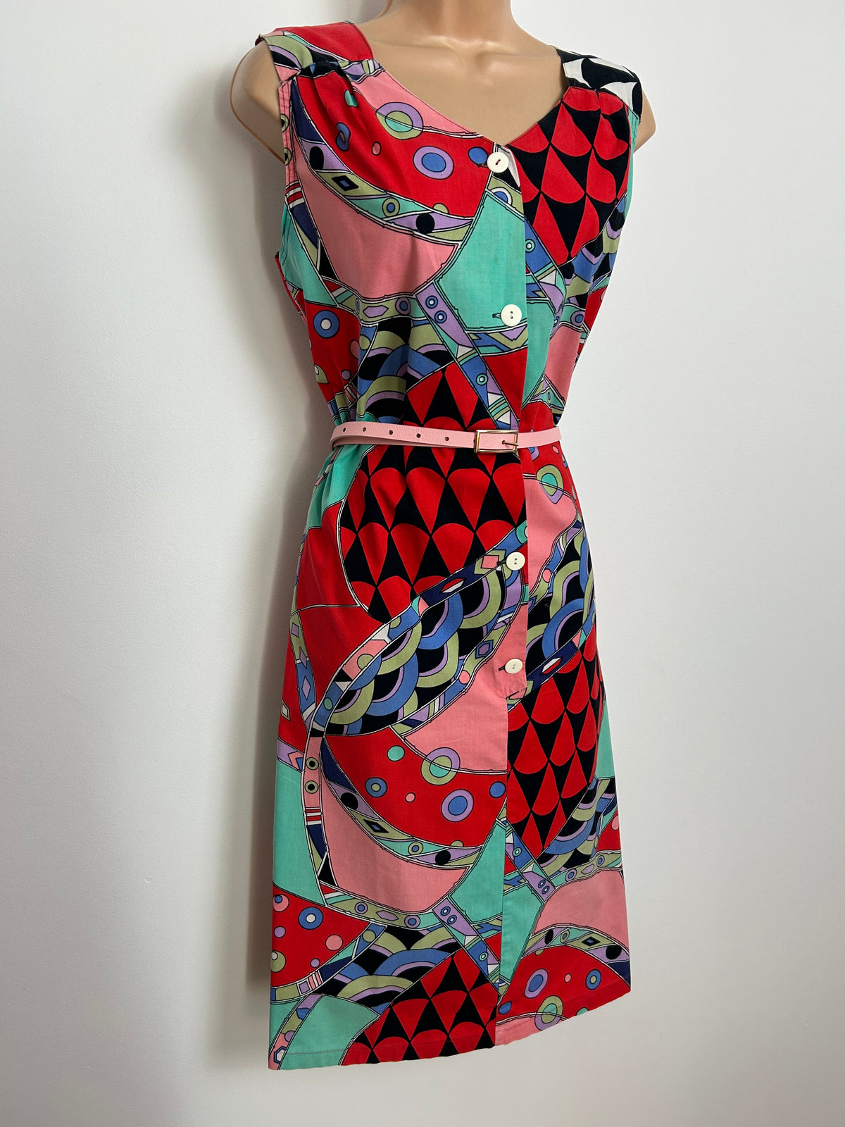 Vintage Early 1980s Size 14 Red Black Pink & Mint Green Abstract Print Cotton Belted Day Dress