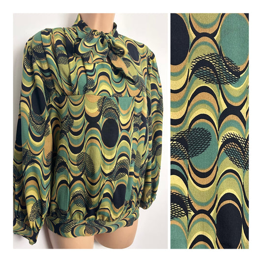 Vintage Late 1970s Size 14 Green & Black Tones Abstract Print Pussy Bow Long Sleeve Blouse