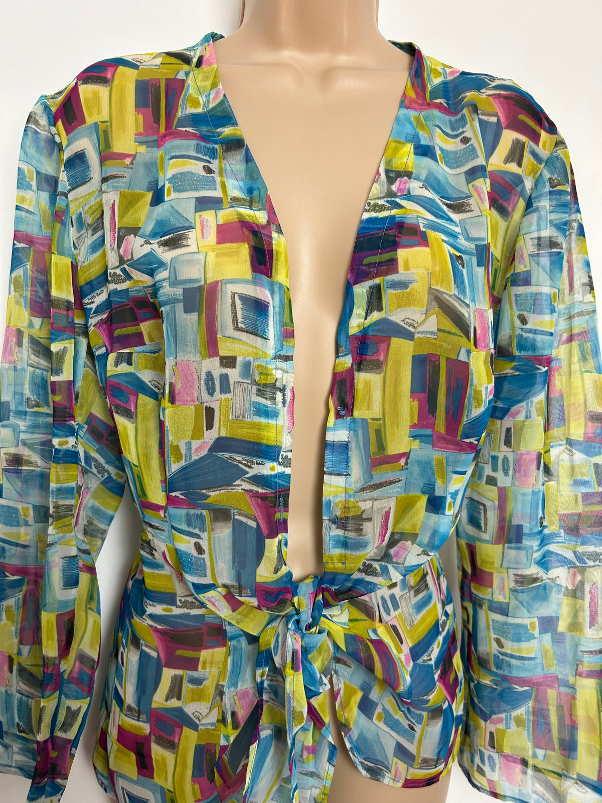 Vintage 1980s Size 12 Blue Pink & Yellowy Green Abstract Print Semi Sheer Tie Front Cover Up Top