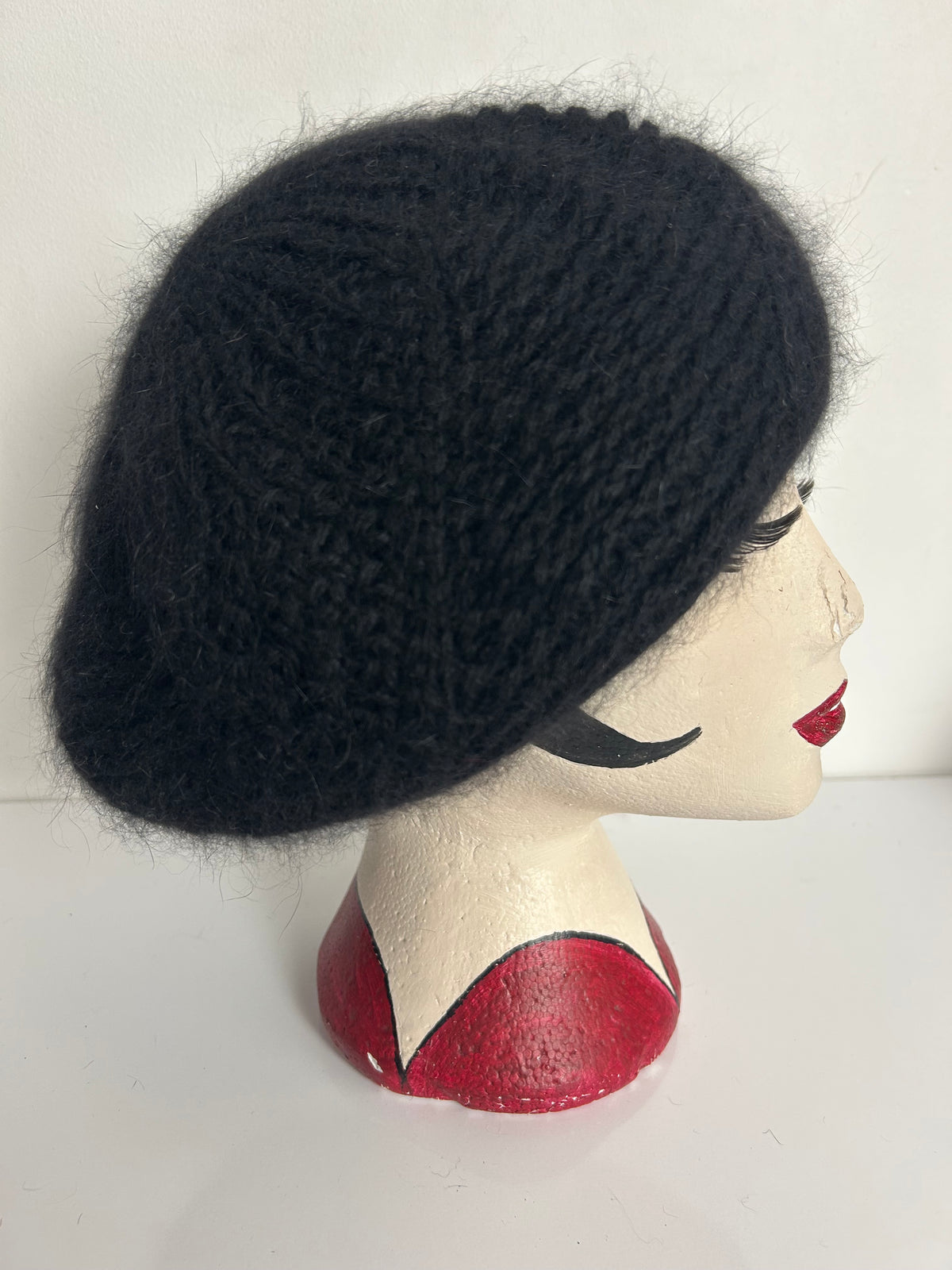 Vintage Black Angora Wool Mix Chunky Knitted Beret Hat