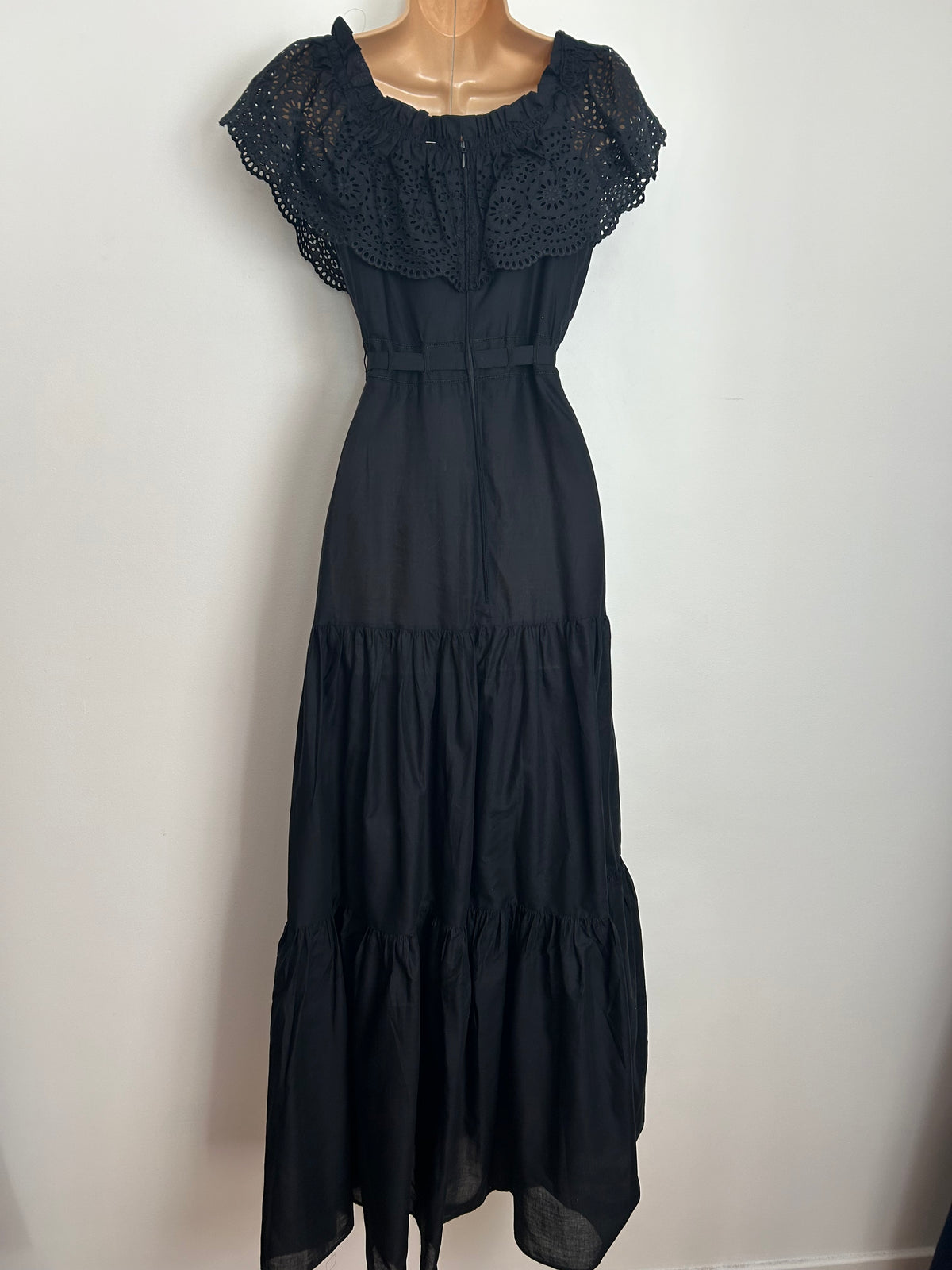 Vintage 1970s Size 6 VERA MONT PARIS Black Cotton Bertha Collar Boho Prairie Maxi Dress