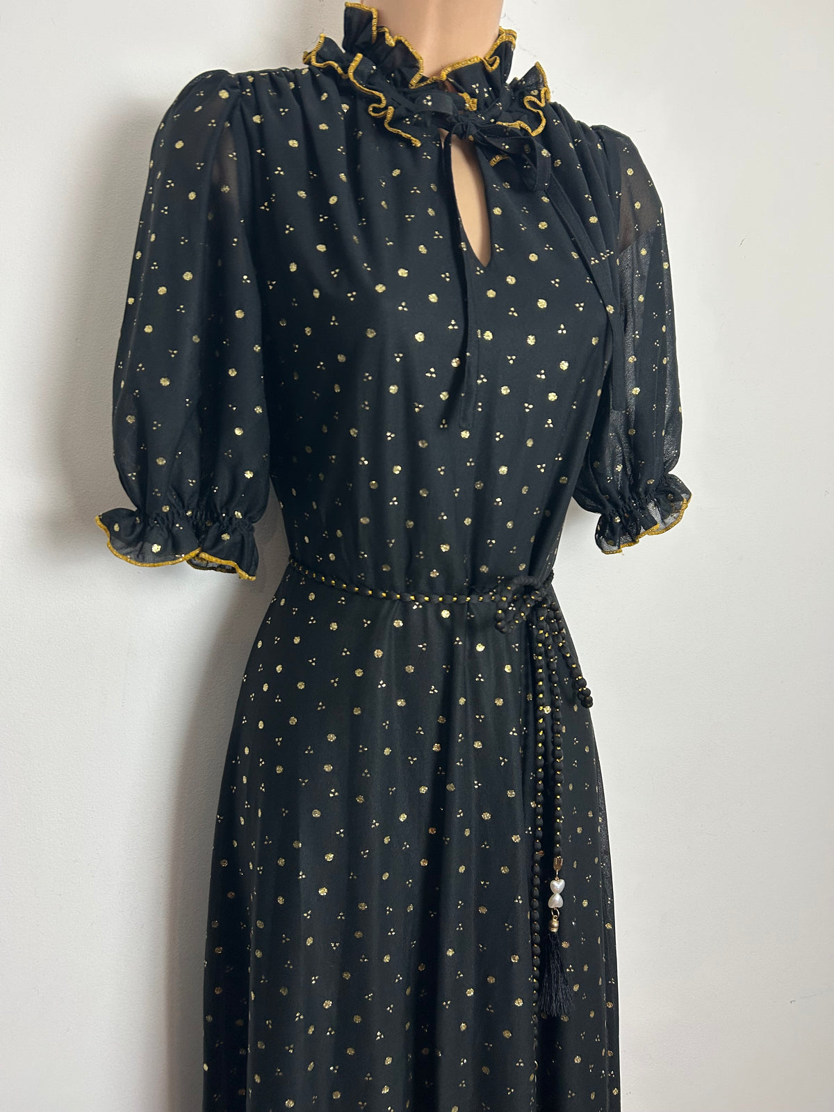 Vintage 1970s Size 10 Black & Metallic Gold Spot Print Belted Prairie Evening Maxi Dress