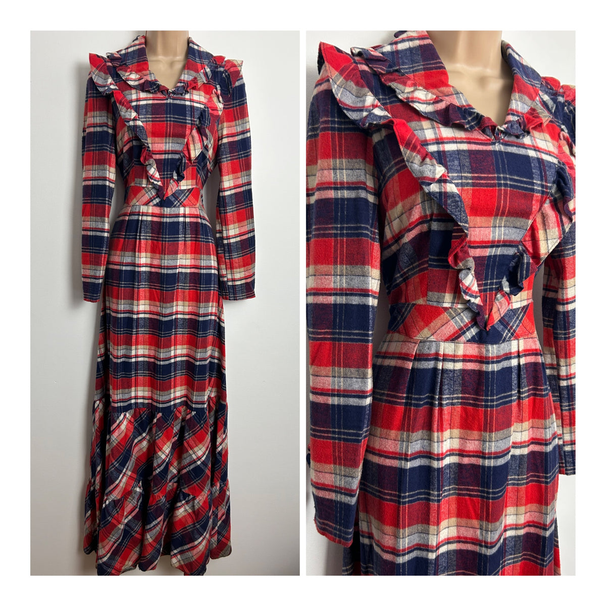 Vintage 1970s BETTY BARCLAY Size 10 Blue Red & White Check Flannel Cotton Tie Back Prairie Maxi Dress