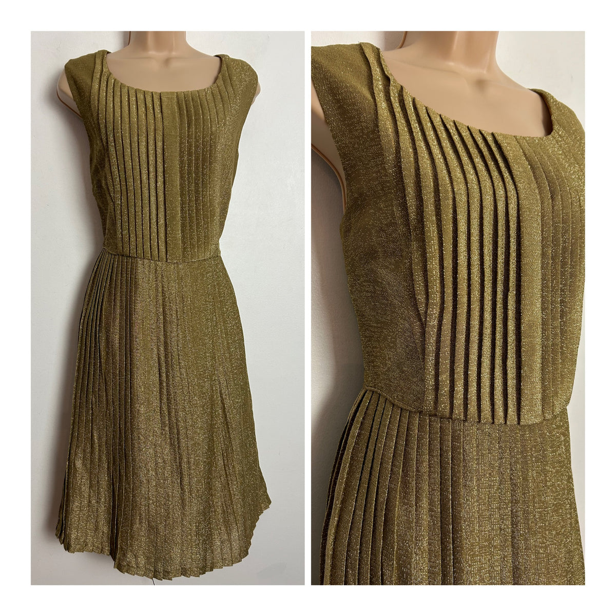 Vintage RARE EARLY 1960S ALICE EDWARDS UK Size 12 Gold Lurex Pleated Xmas Party Dress