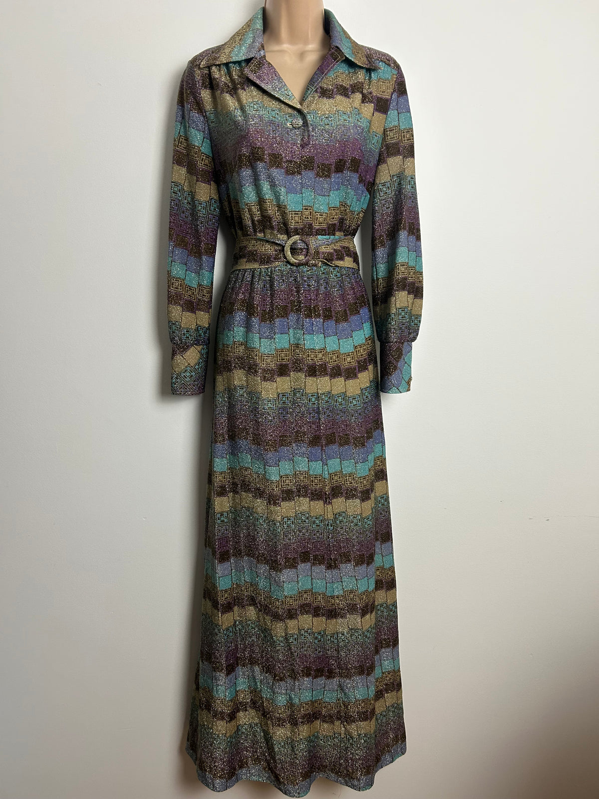 Vintage 1970s Size 12 Blue Beige & Plum Purple Geo Print Lurex Belted Occasion Maxi Dress