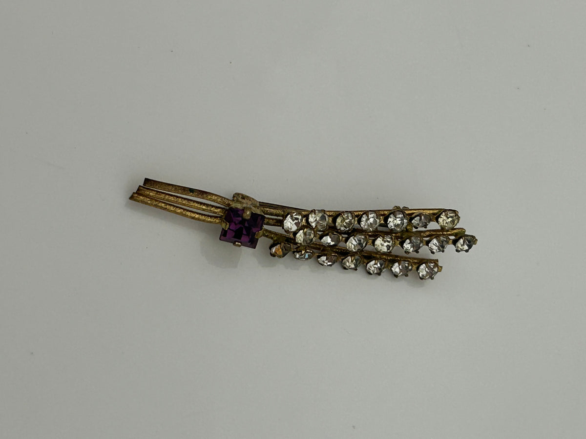 Vintage 1940s 1950s Gold Tone Base Metal Diamante & Purple Stone Set Foliage Pin Brooch