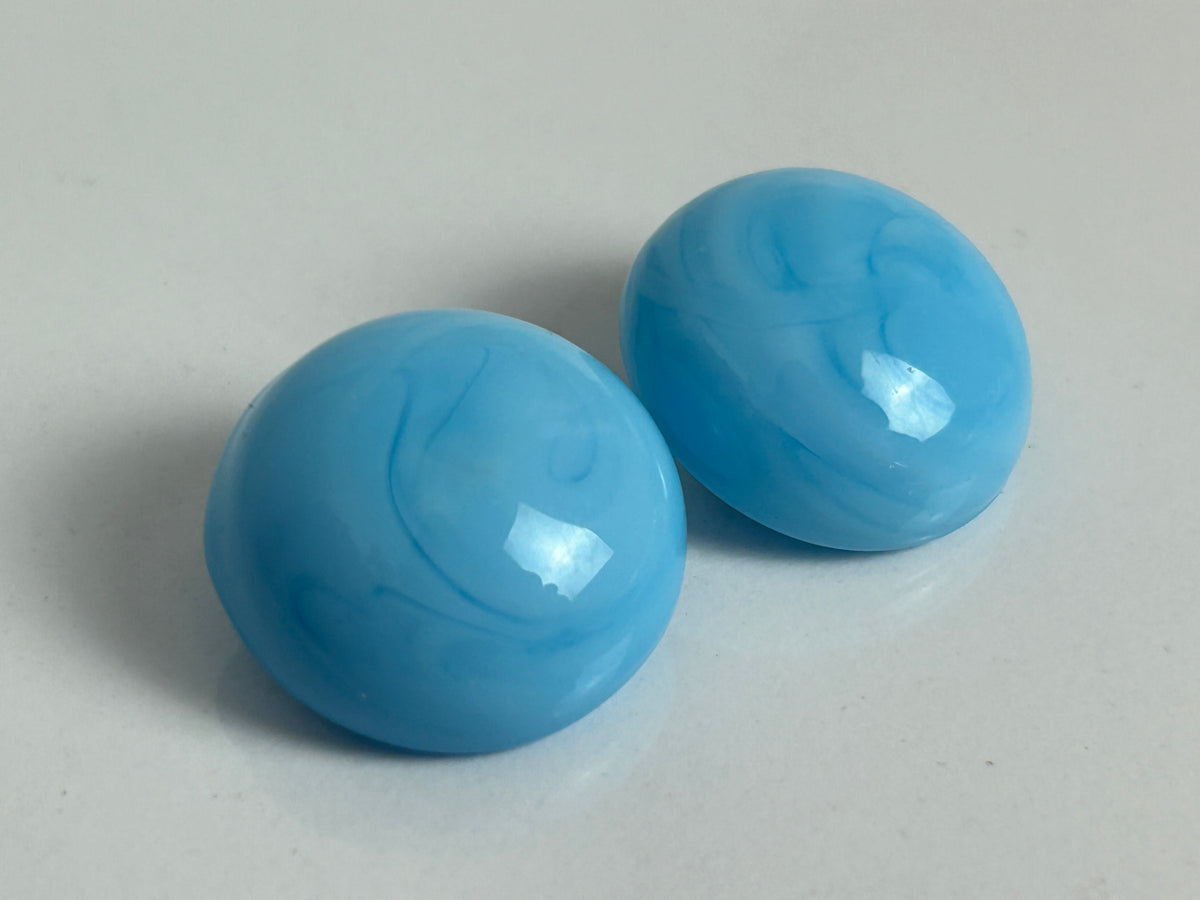 Vintage 1960s Blue Milk Glass Round Clip On Earrings