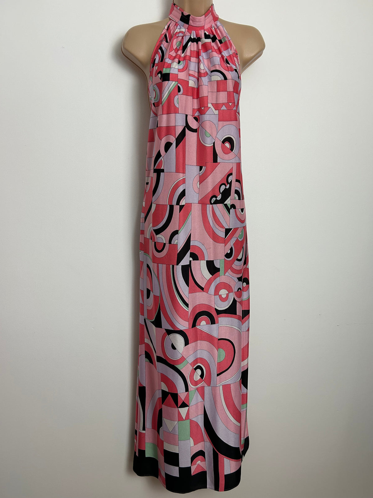 Vintage 1970s Size 8-10 Pink Tones Psychedelic Geo Print Halter Neck Trapeze Style Maxi Dress