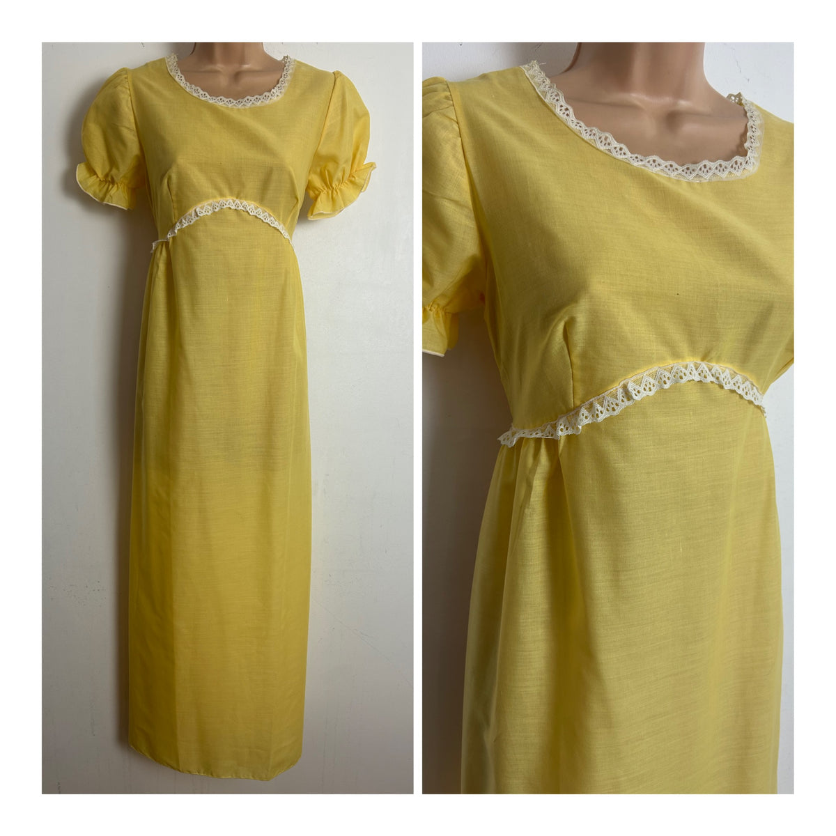 Vintage 1970s SPLENDID Size 10 Yellow Lace Trim Prairie Boho Style Cotton Mix Nightdress