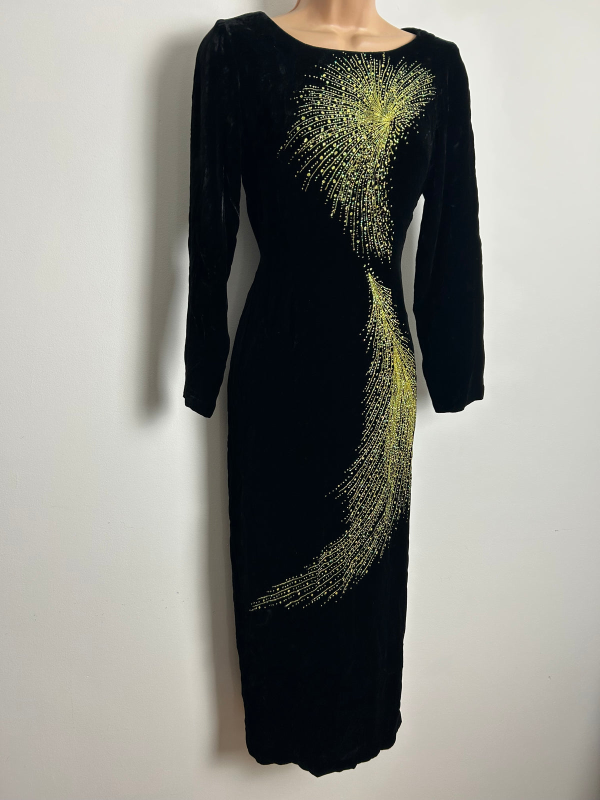 Vintage 1990s Size 8 Black Velour Gold & Green Shimmery Glitter Detail Midi Occasion Evening Dress