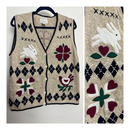 Vintage 1990s CHRISTOPHER & BANKS Beige Folk Art Cottage Core Sweater Vest Size M
