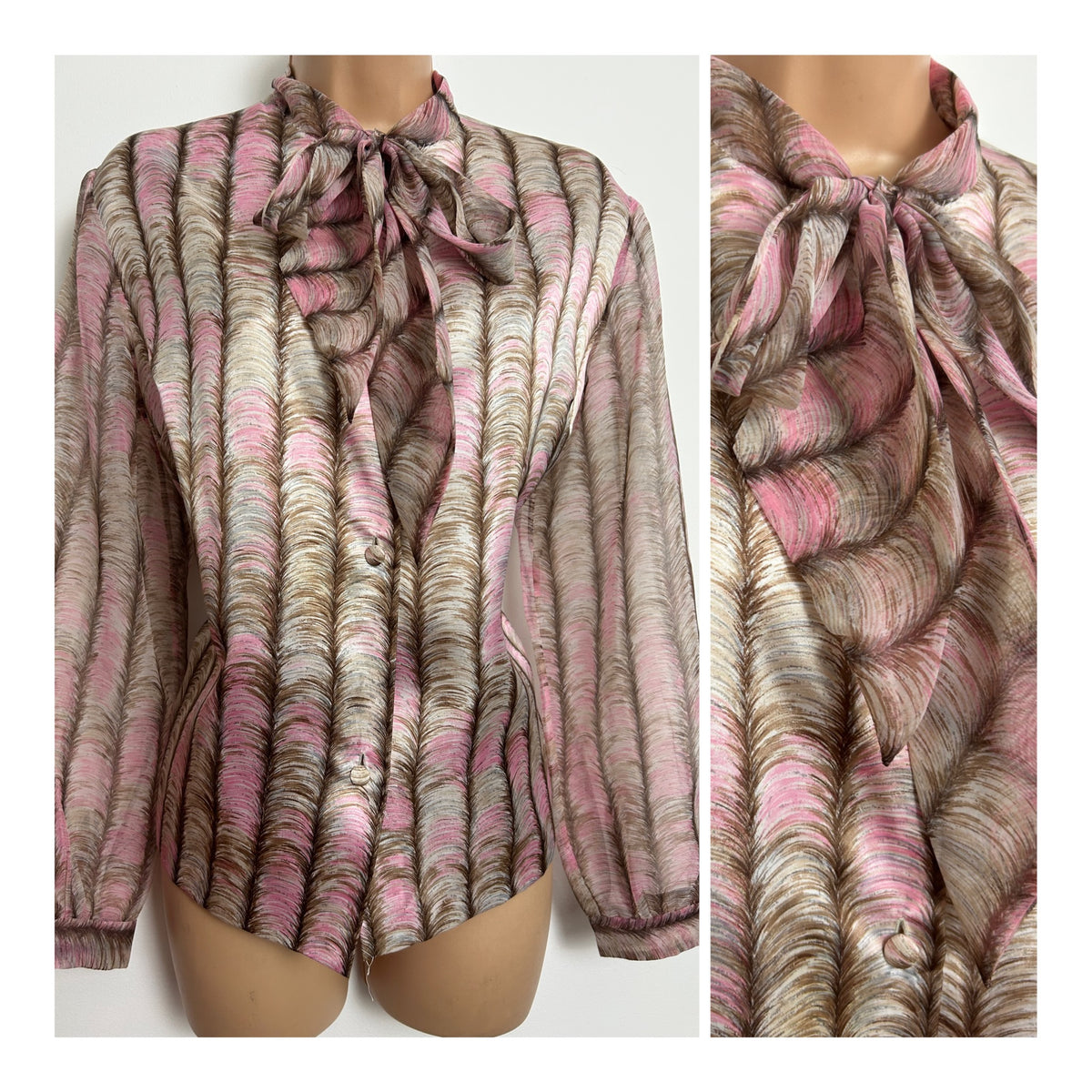 Vintage Early 1980s Size 14-16 Pink Brown & Off White Scallop Print Pussy Bow Long Sleeve Blouse