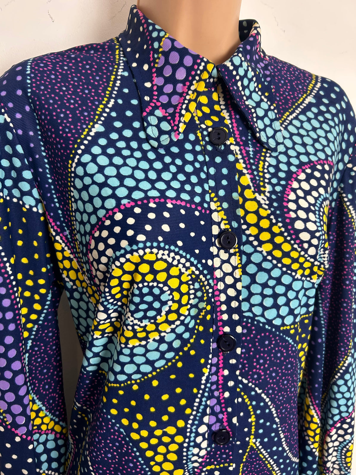 Vintage 1970s DELSWA Size 14-16 Navy Blue Multicoloured Spotty Paisley Print Balloon Sleeve Maxi Dress