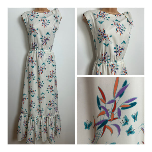 Vintage Late 1970s Size 12 White Teal Orange & Purple Floral & Butterfly Print Summer Maxi Dress