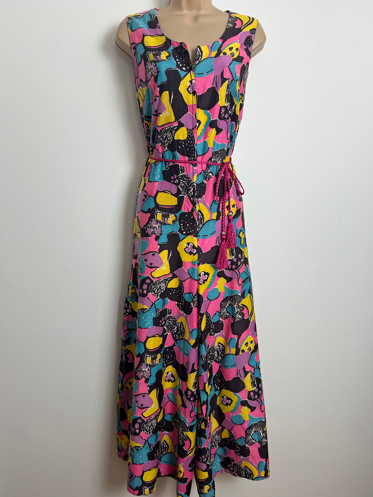 Vintage 1970s 12 Black Blue Yellow & Pink Psychedelic Floral Print Cotton Wide Leg Jumpsuit