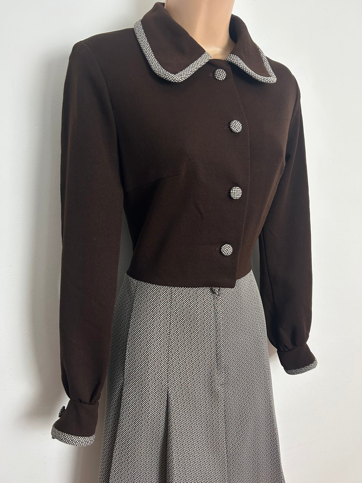 Vintage 1960s BENDER OF LONDON Size 10 Brown Tweed Effect Pleated Long Sleeve Mod Dress
