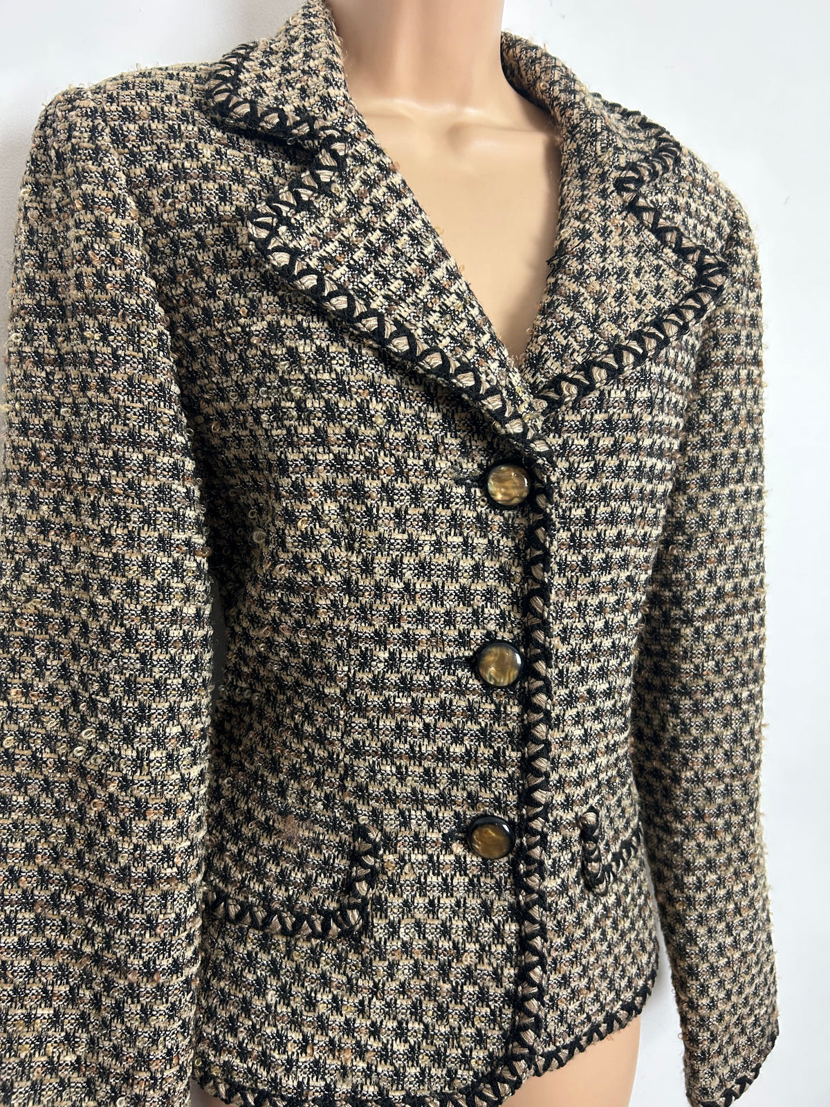 Vintage 1990s TALBOTS Size 10 Black & Beige Boucle Wool & Mohair Mix Blazer Style Jacket