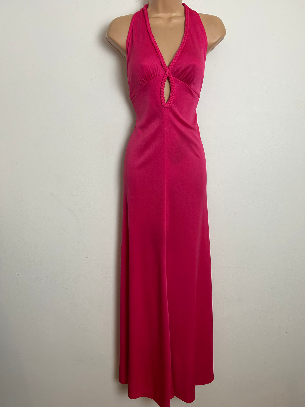 Vintage 1970s BERNSHAW Size 8-10 Hot Pink Plait Detail Halterneck Keyhole Open Back Maxi Dress
