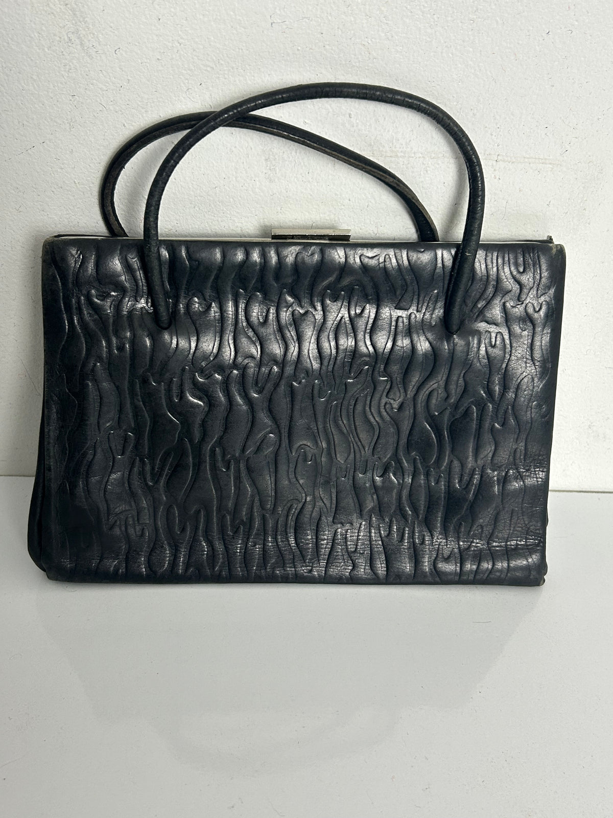 Vintage Early 1950s Small Black Embossed Kelly Style Handbag