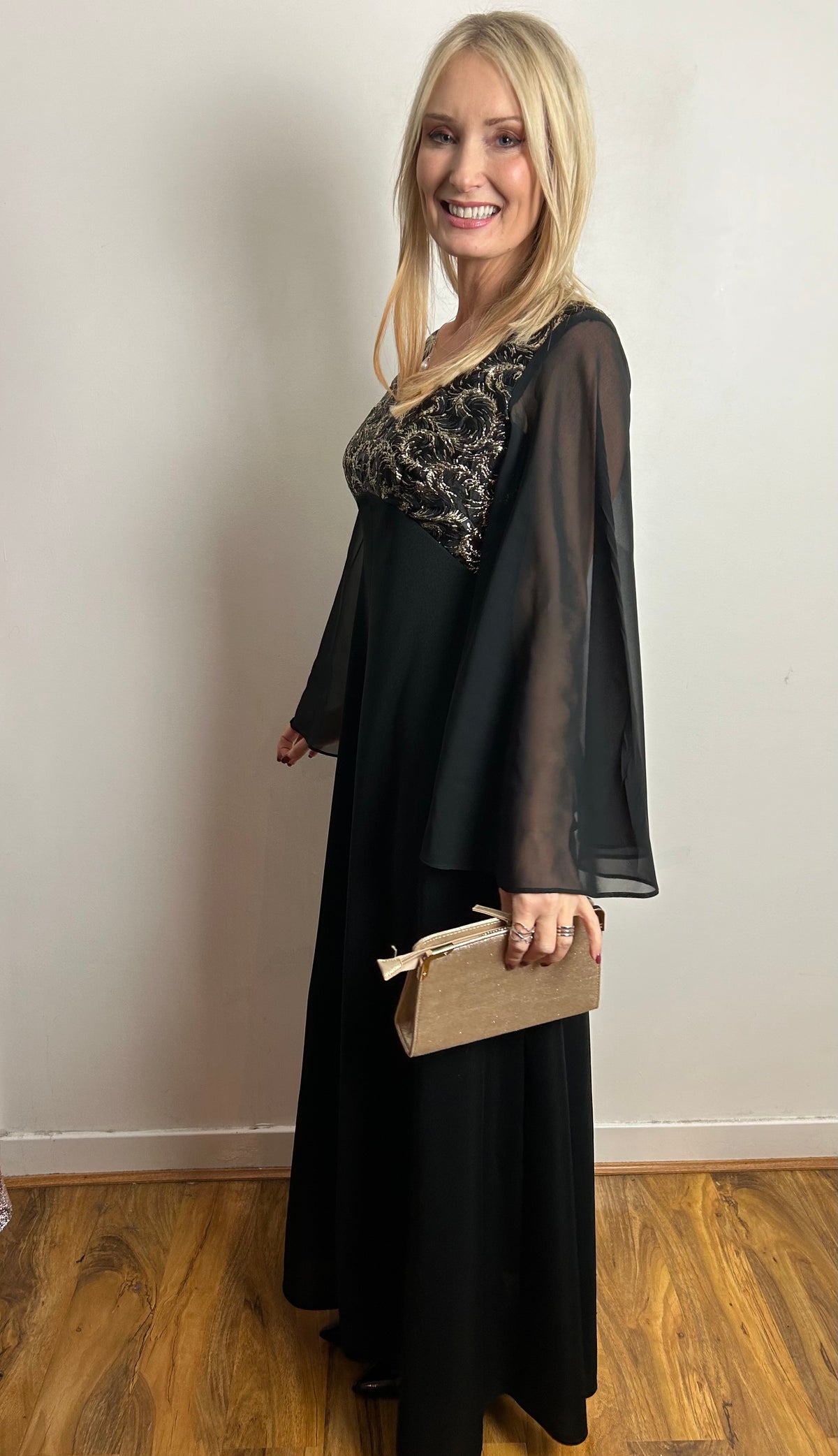 Vintage 1970s UK Size 8 Black & Metallic Gold Flared Sleeve Xmas Party Occasion Evening Maxi Dress