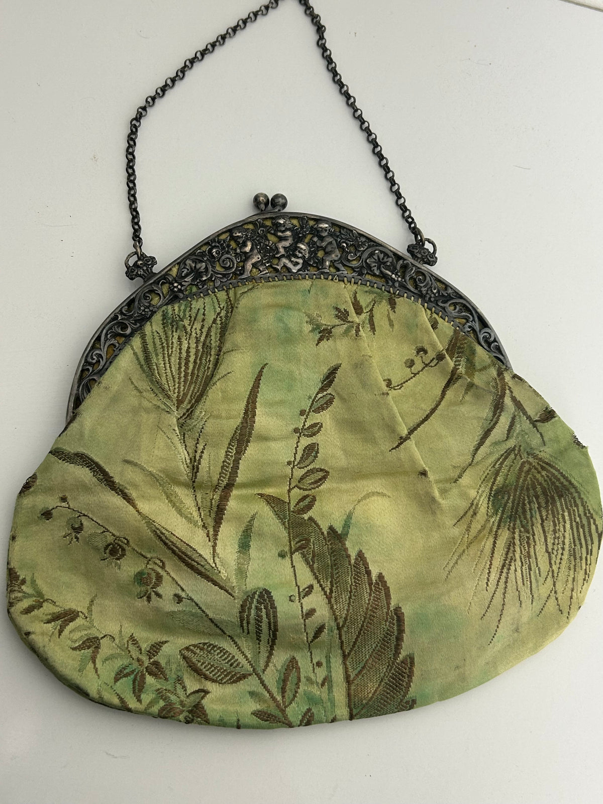 Antique Circa 1900's Victorian/Edwardian Silver Cherub Frame Green Silk jacquard Bag