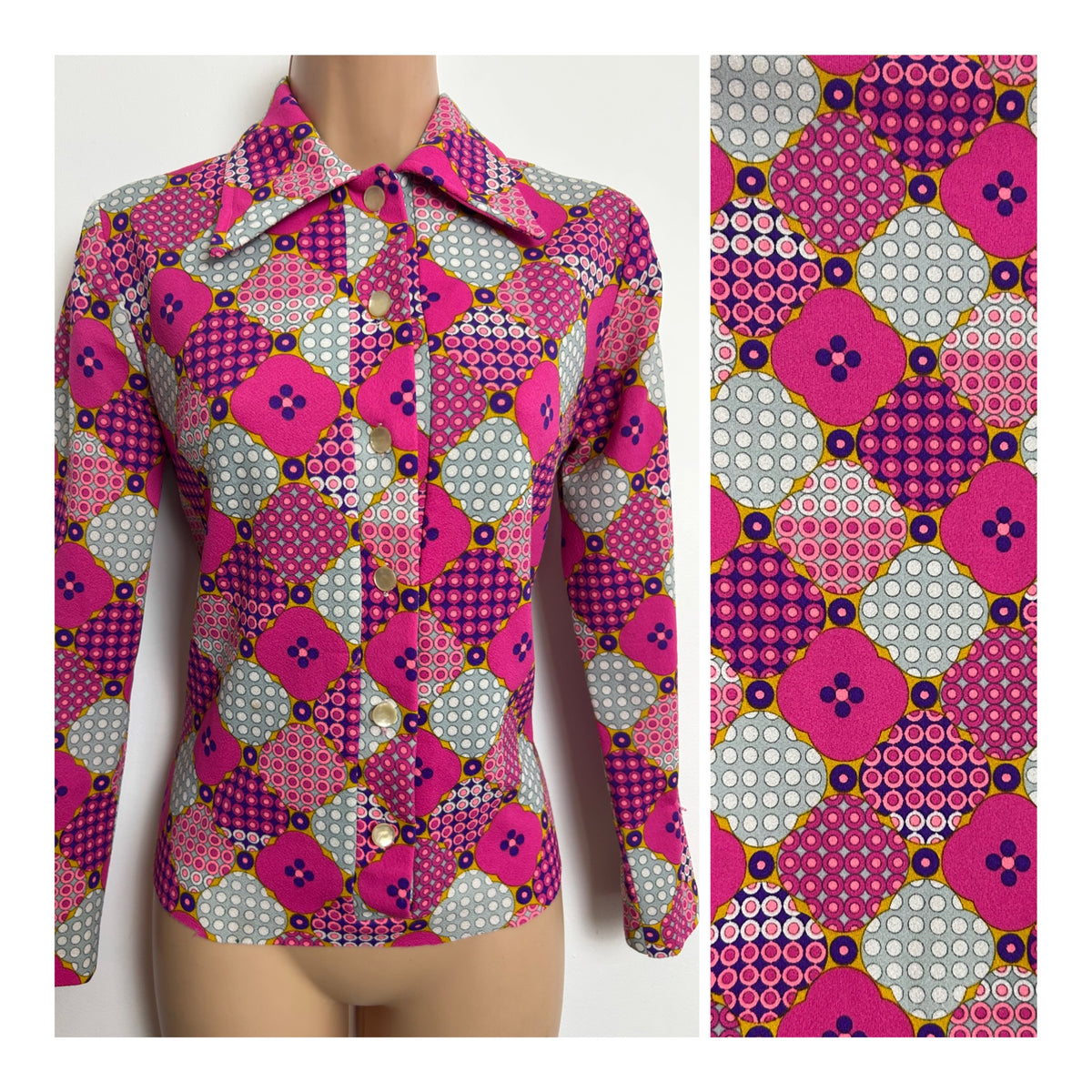 Vintage 1970s Size 12 Pink & Grey Tones Abstract Polka Dot & Psychedelic Print Dagger Collar Shirt